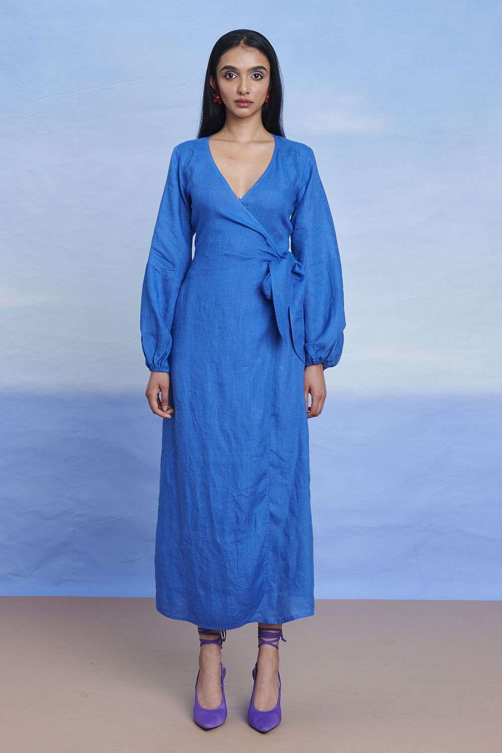 Blue Linen Wrap Dress with Tie-Up Detail