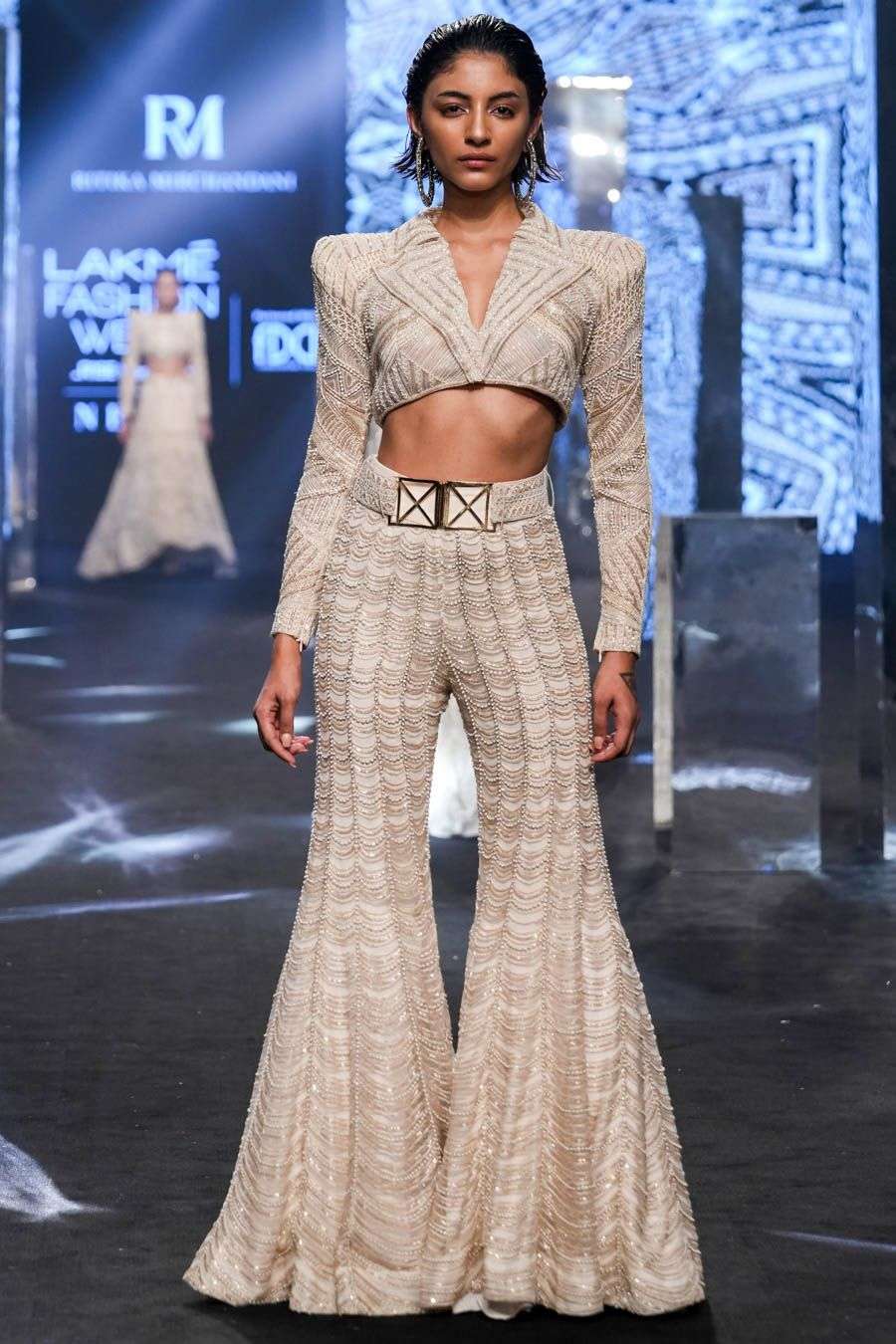 Beige gold embellished cropped blazer sharara