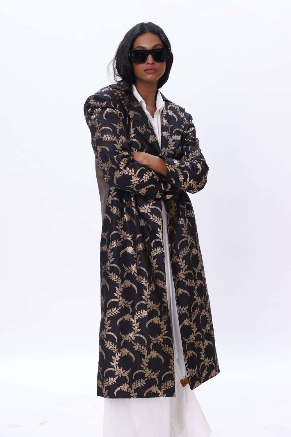 Black Brocade Floral Print Trench Jacket