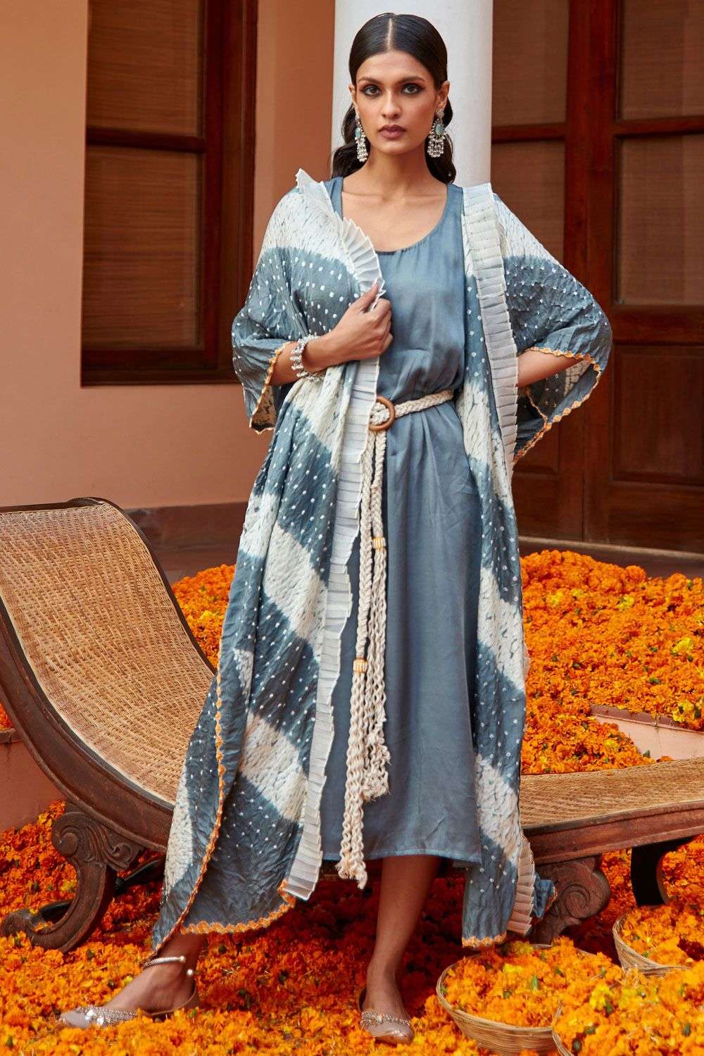 Grey shift dress with shibori bandhani cape