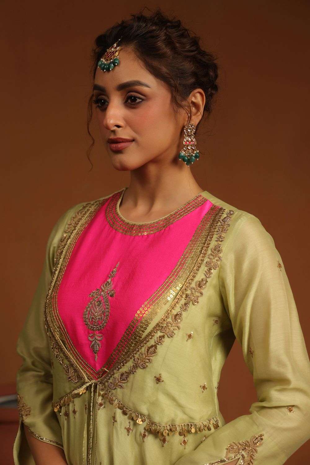 Buy Niti Bothra Soft Green Silk Chanderi Organza Zardozi Anarkalis