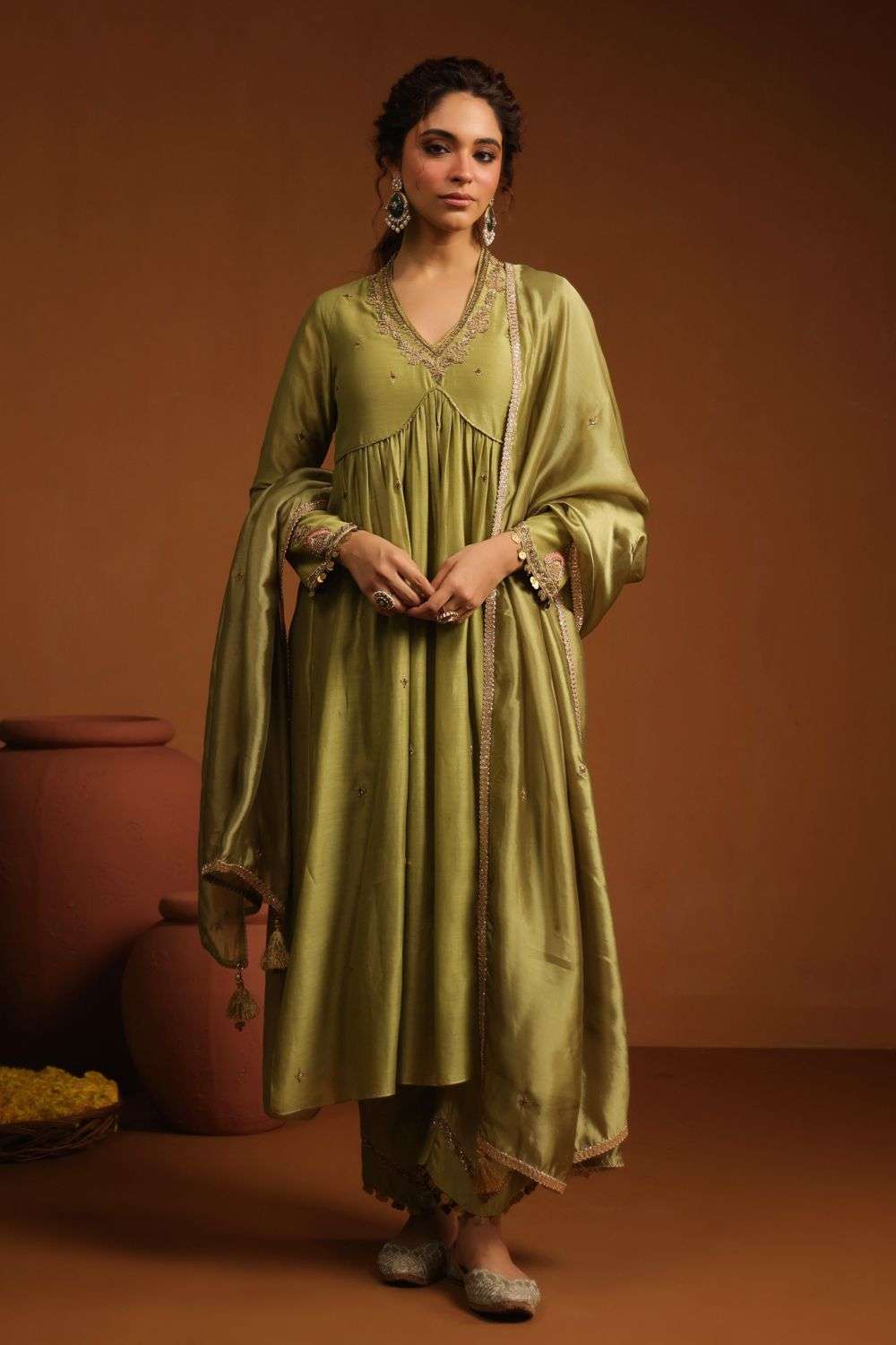 Buy Niti Bothra Soft Green Silk Chanderi & Organza Zardozi Kurtas