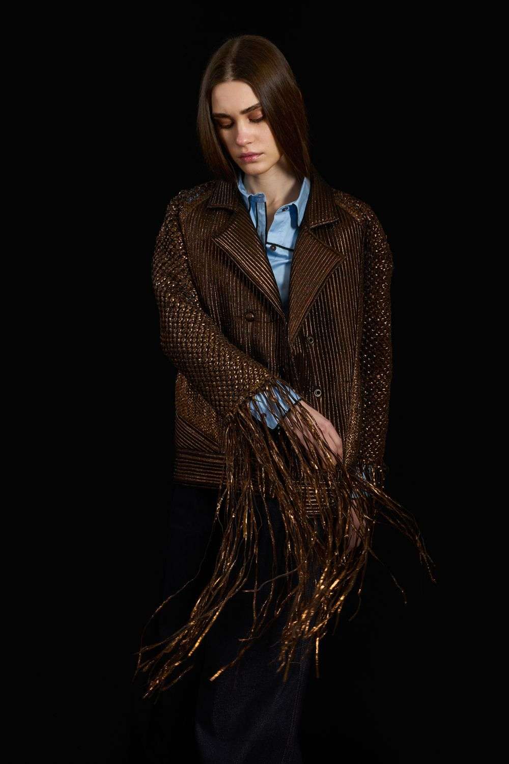 Buy Bronze Viscose Hand Woven & Braided Bomber Jacket -Designer 