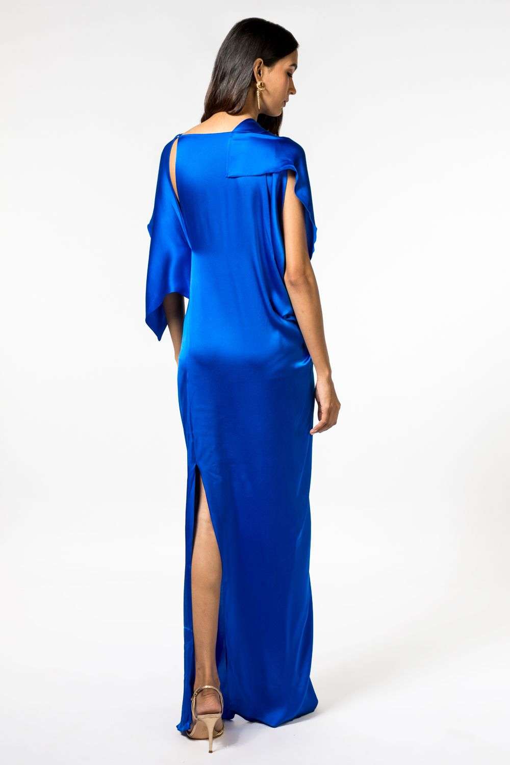 Blue Satin Strapless A-Line Long Prom Dress with Puff Sleeves – Dreamdressy