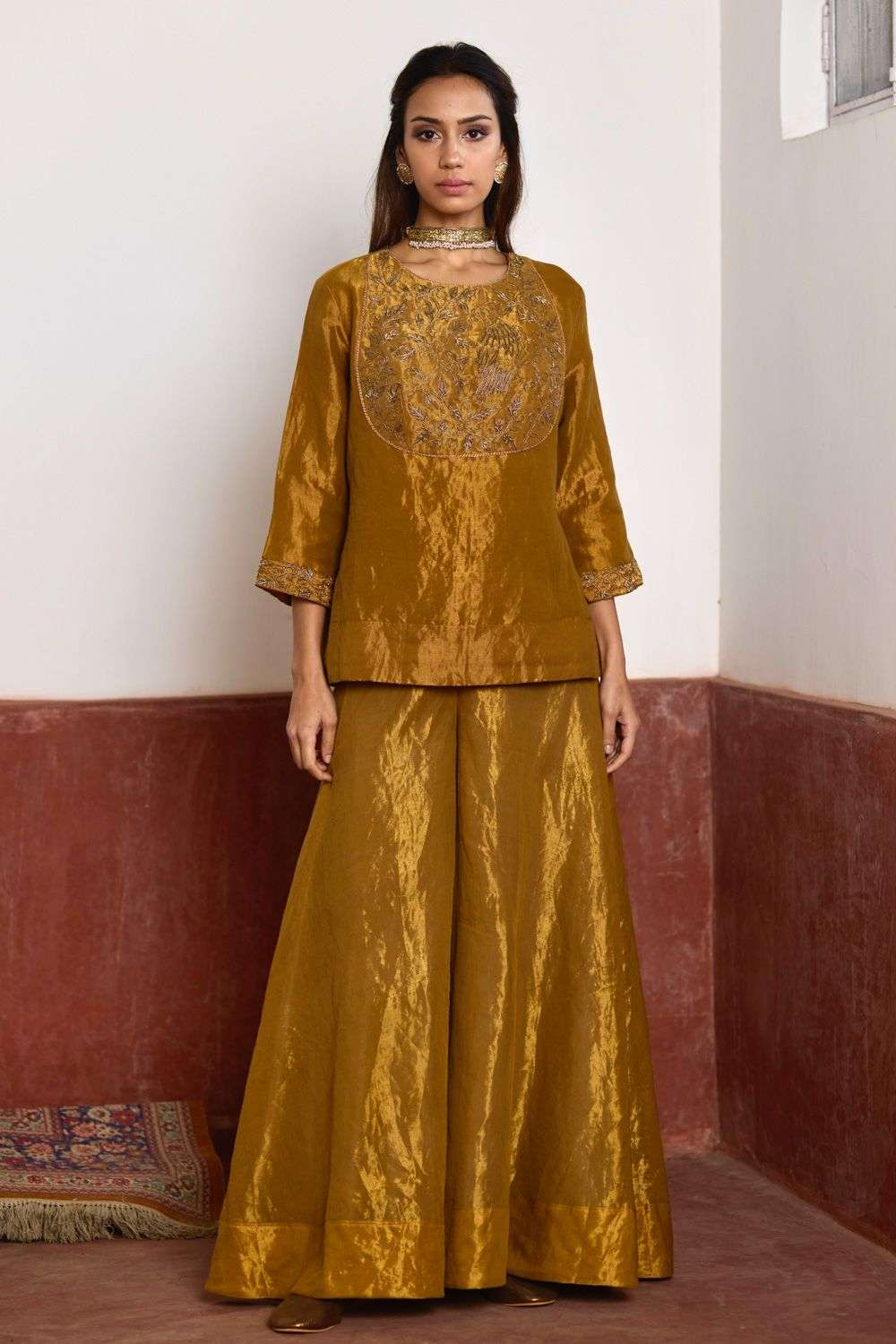 Buy Shorshe Soft Gold TISSUE Hand Embroidery Lace Trims Sharara Sets