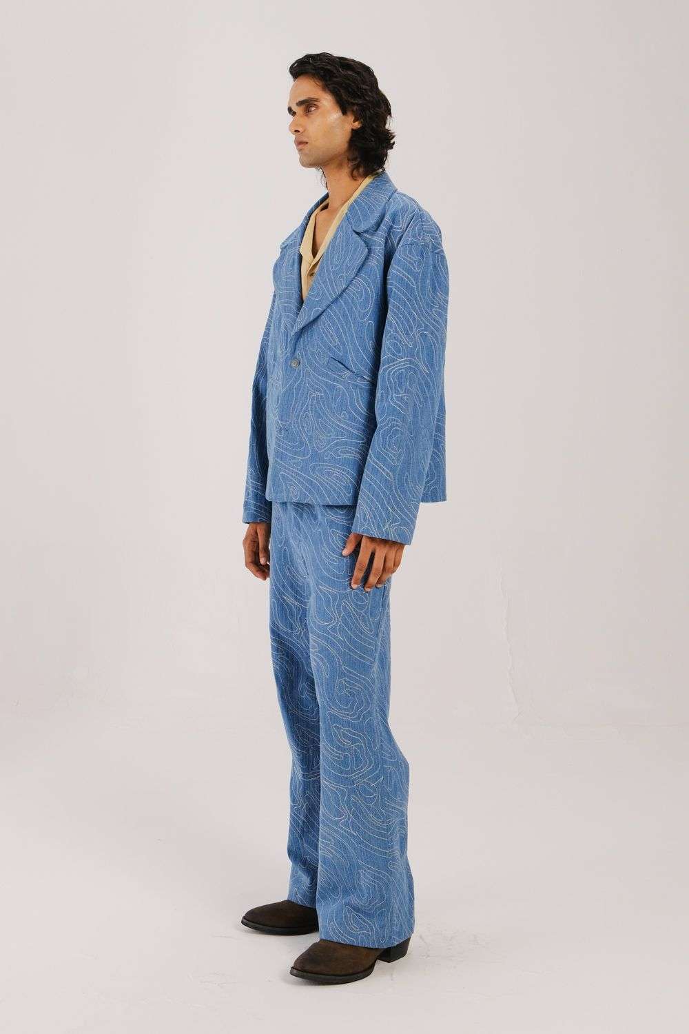 スーツ Mao Collar X Fake Corduroy Wide SetUp Buy CORD Men Soft Blue Denim Coordinate Sets