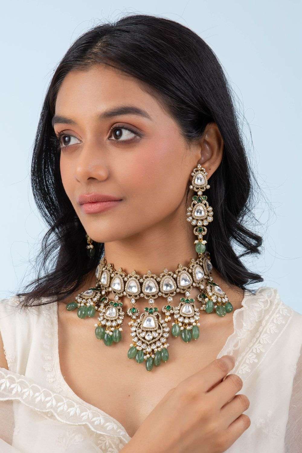 Gold Tone White Stone Choker Set with Green Drops