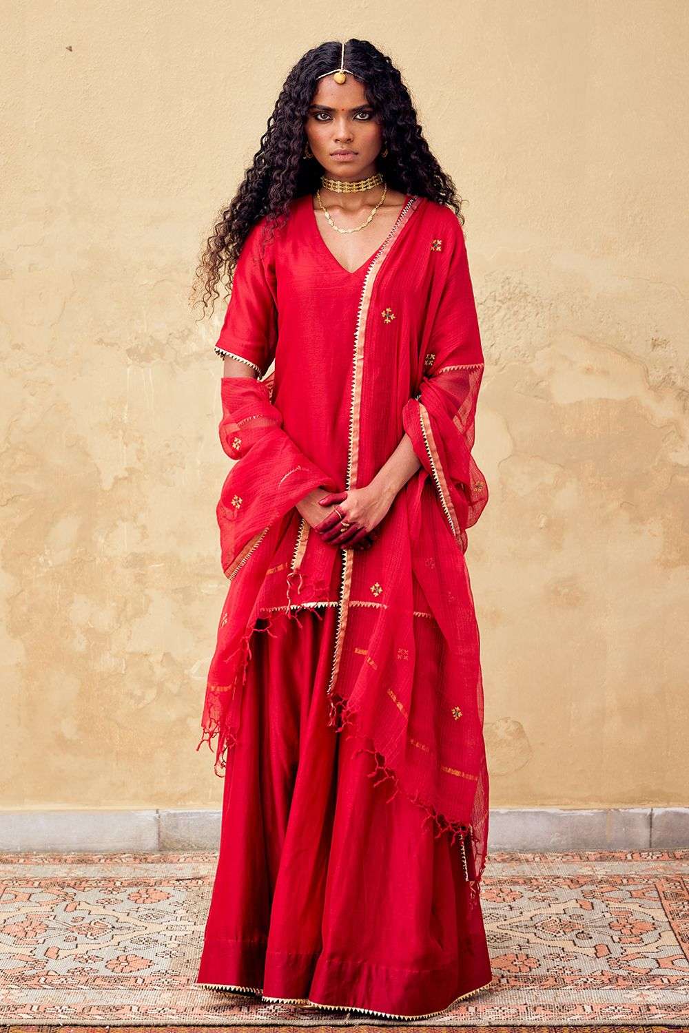 Buy Red Kota Silk Gota Ishq Dupatta Designer Wear Ensemble
