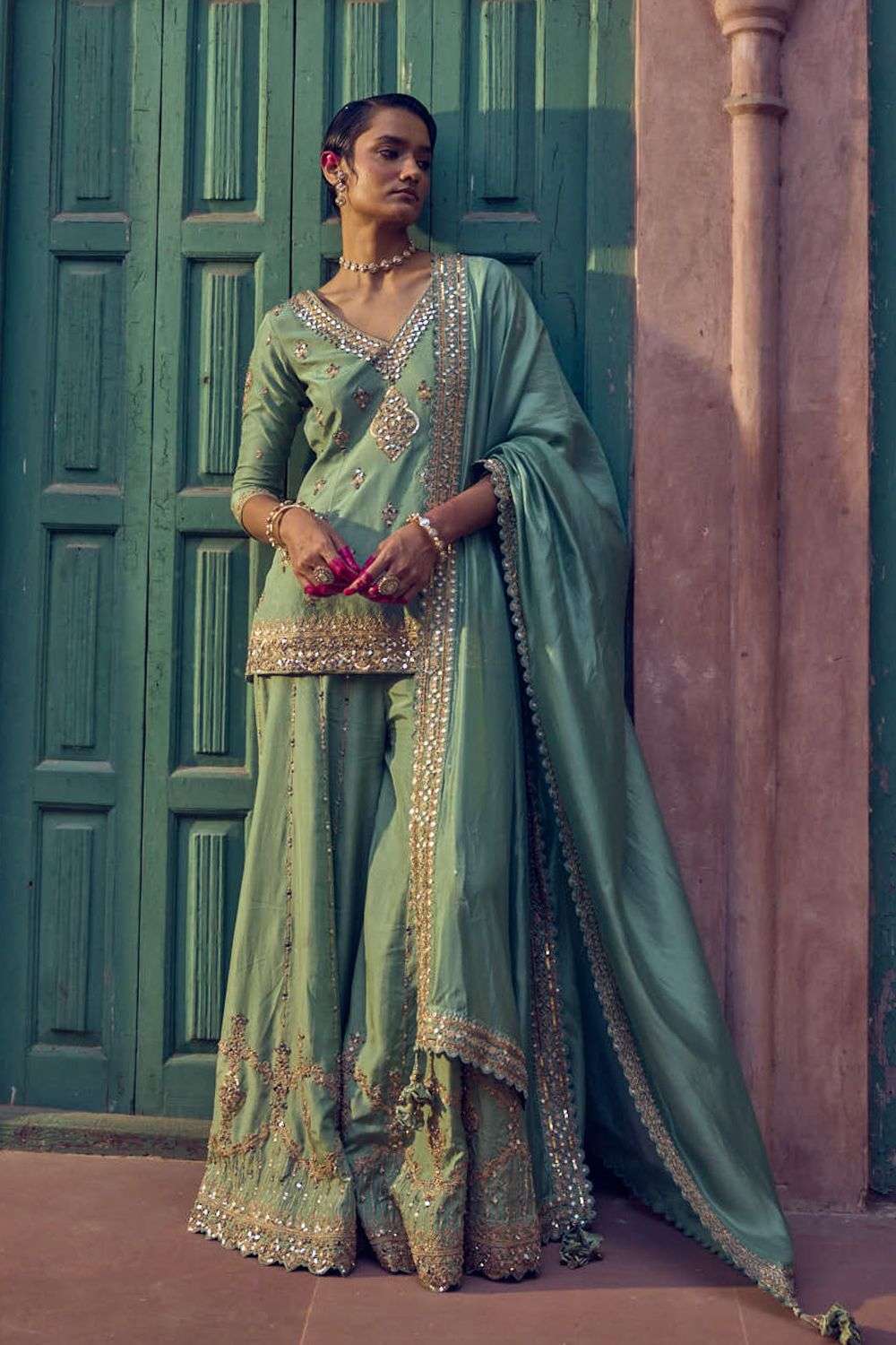 Sage Silk Mirror Work Noorani Kurti Sharara Set