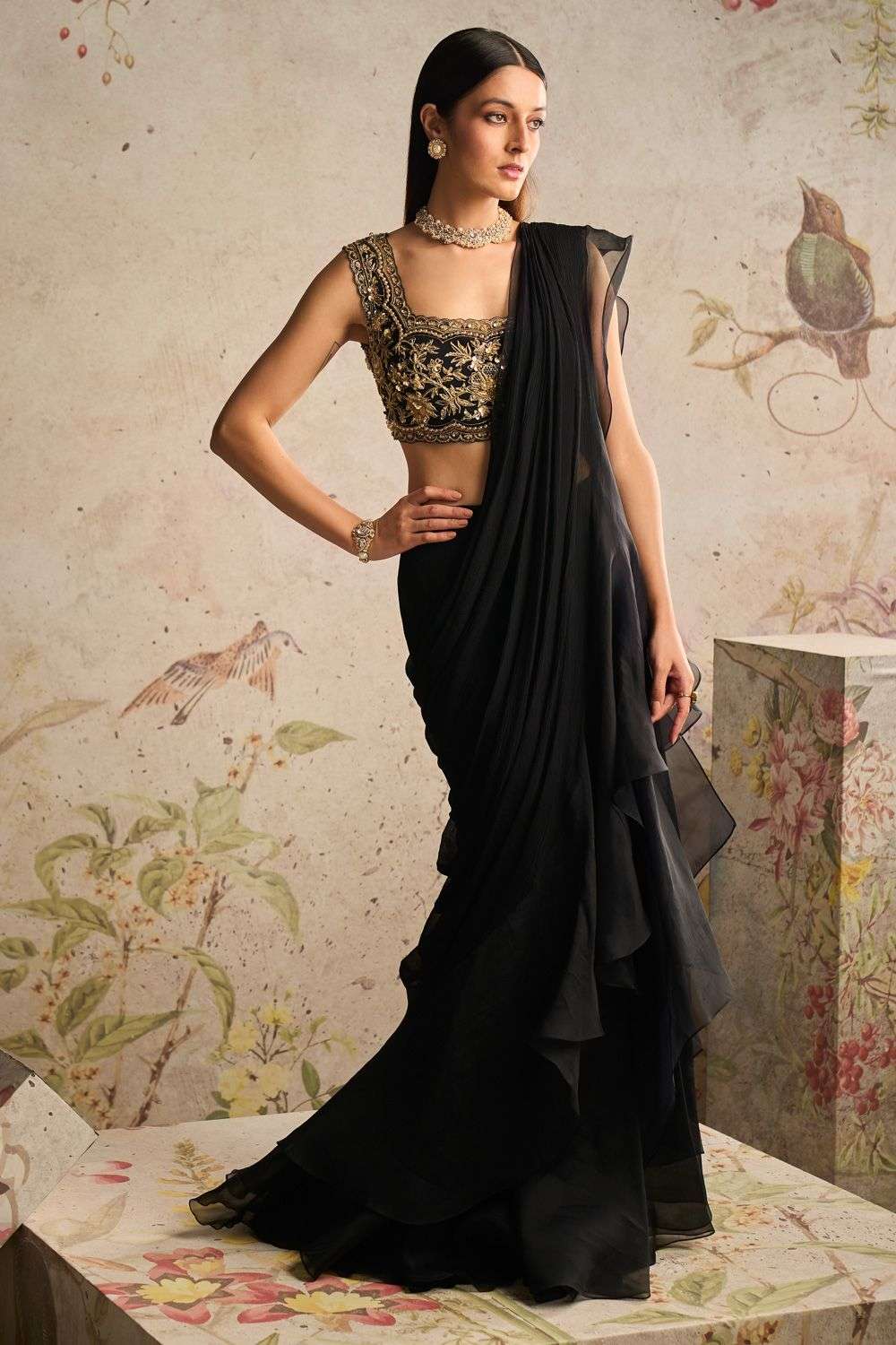 Buy Ridhi Mehra Soft Black Sari:Chiffon/Organza, Blouse: Net Saris