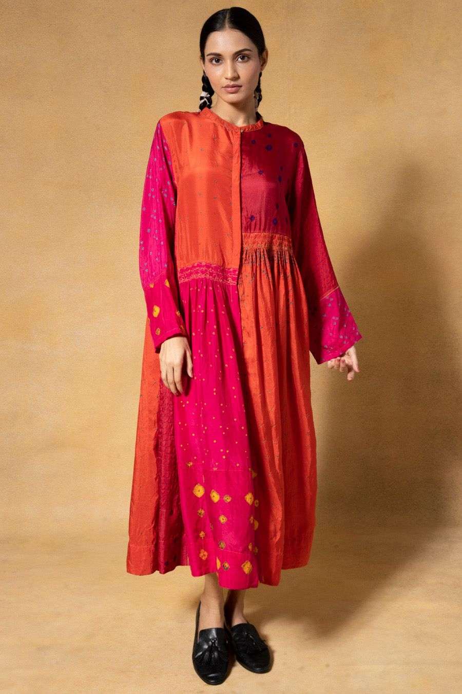 Tvis and Bliss. Orange and Yellow Tie and Dye Bandhani Rayon Dress Material