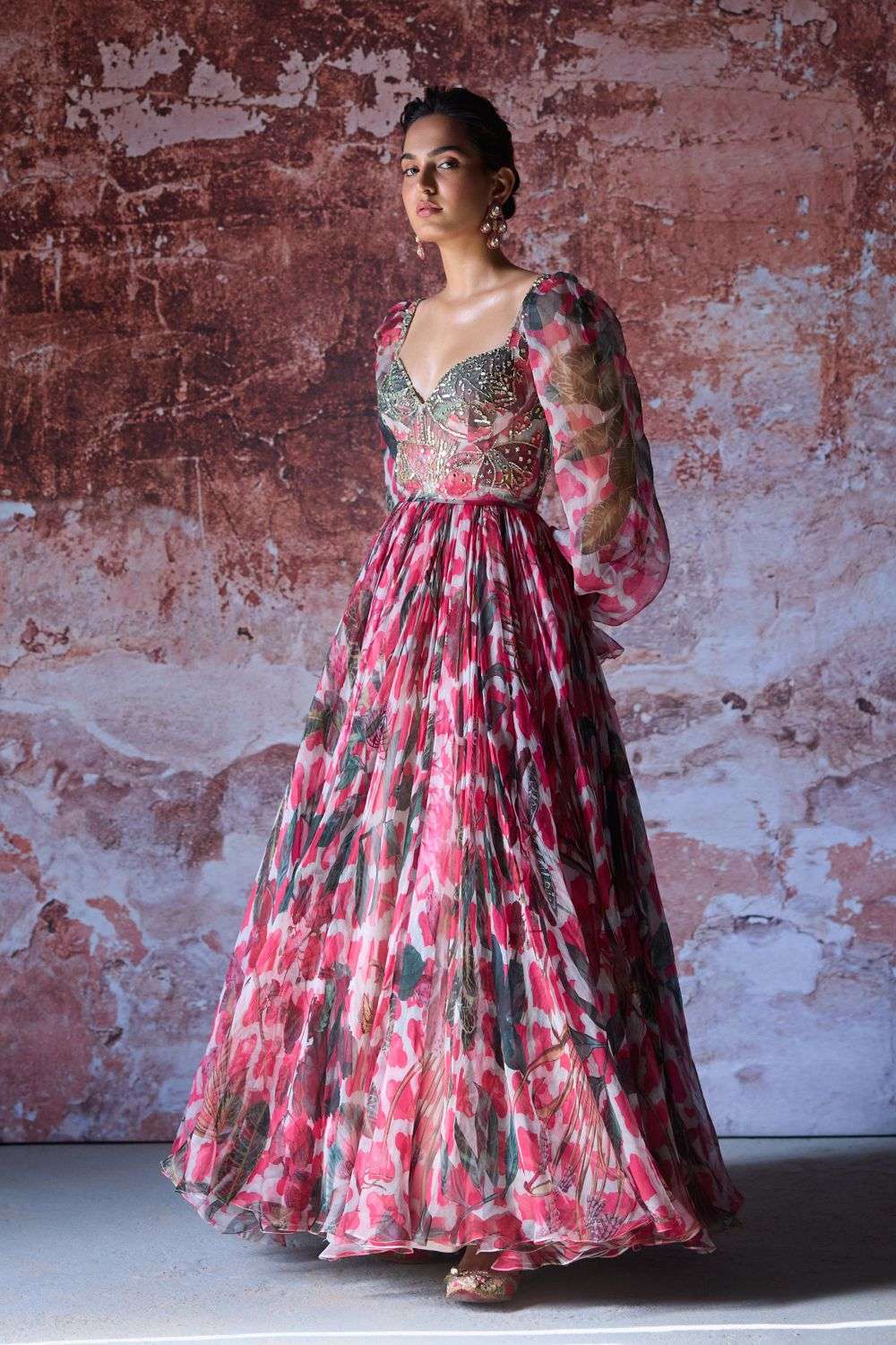 Hot Pink Organza Adya Embroidered Corset Anarkali