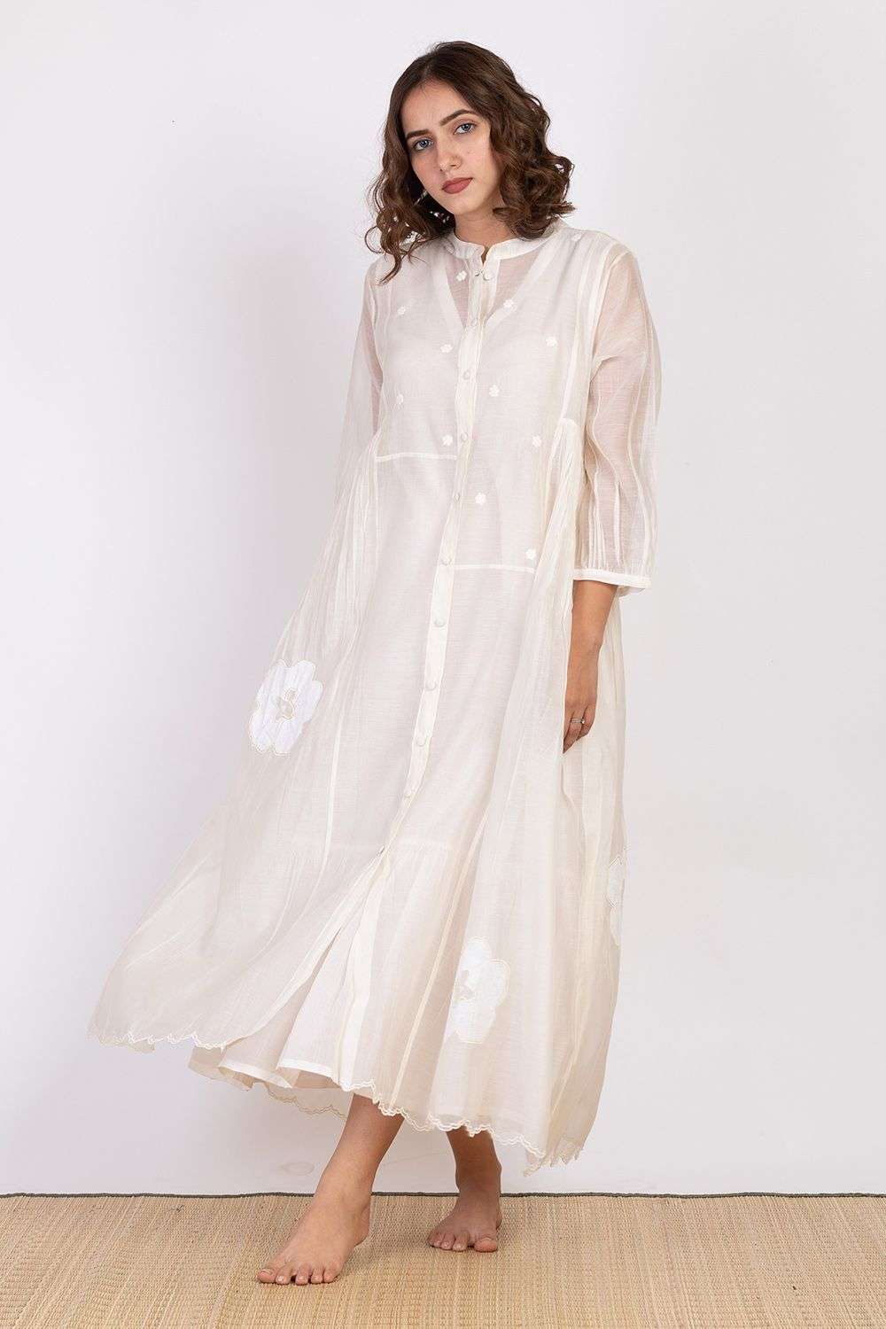 Buy Ekadi Soft Ecru Chanderi silk and cotton silk Block print and