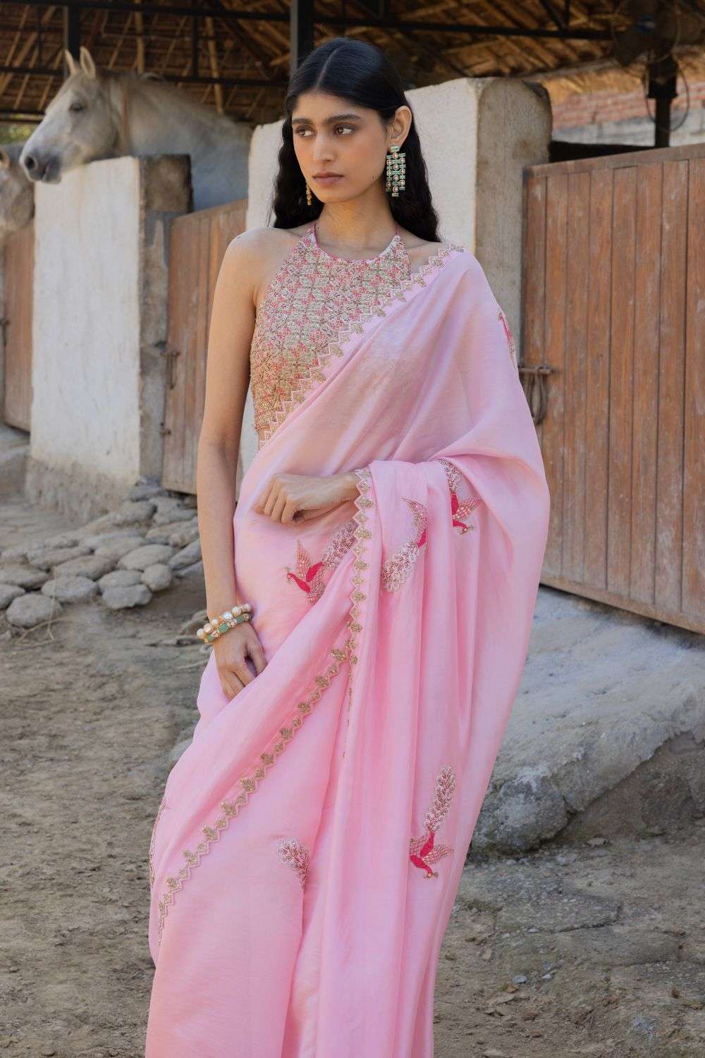 Pastel pink zardozi marodi work saree set