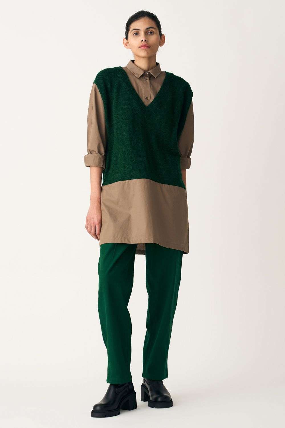 Buy Three Soft Green Shirt Hand Knitted Wool/ Poplin Bottom