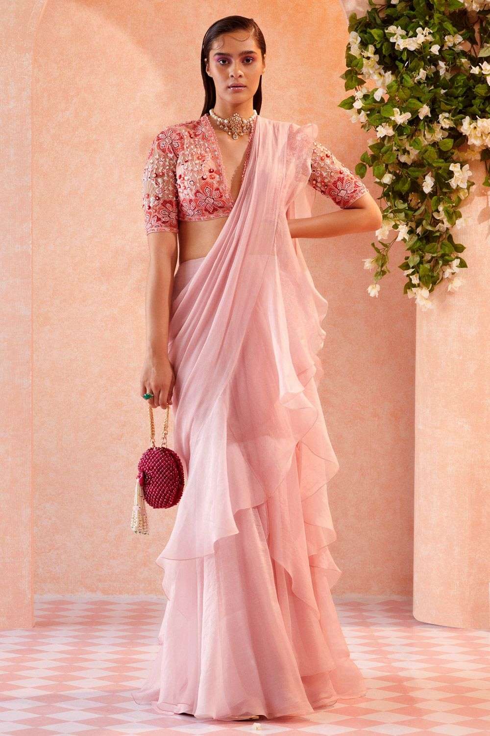 Buy Ridhi Mehra Soft Pink Blouse- net sari- chiffon