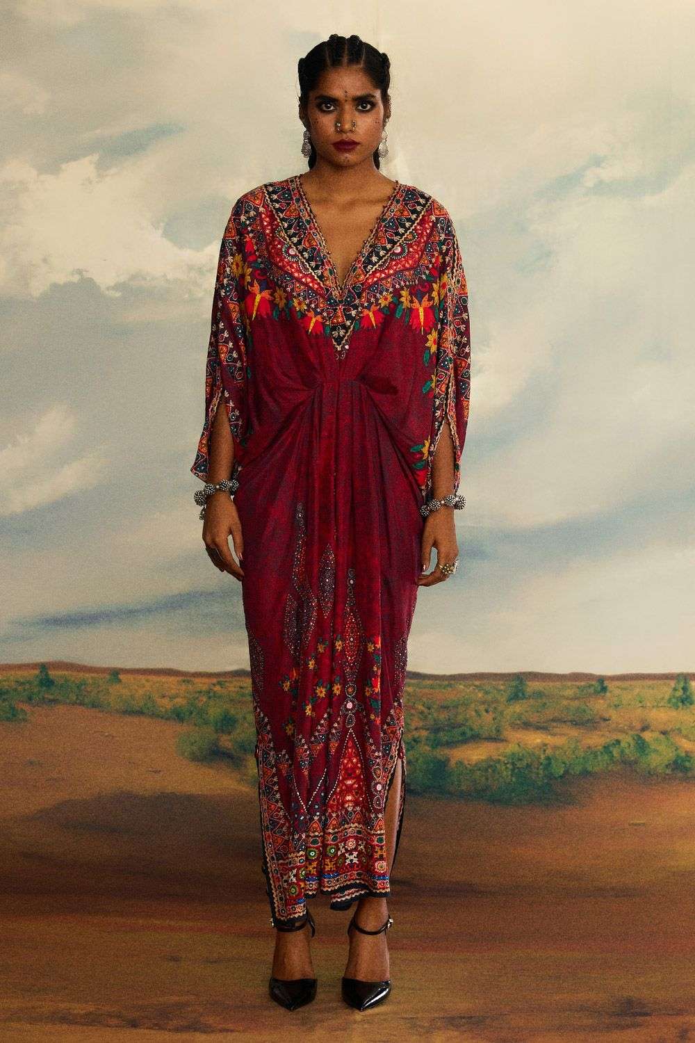Rasika red geo-flora printed kaftan