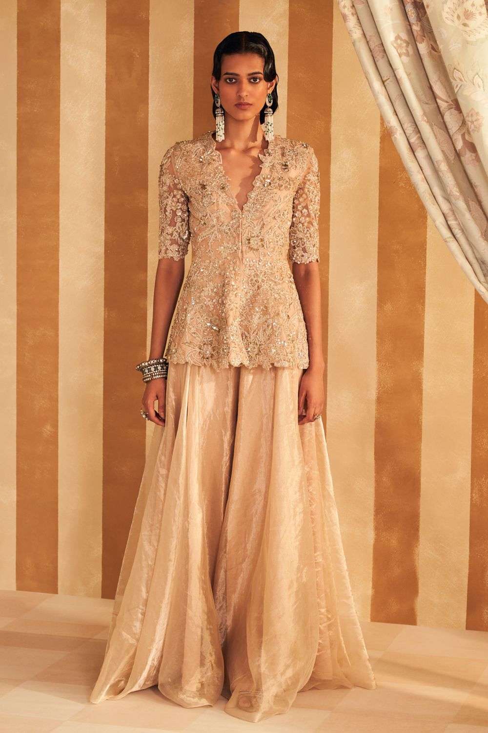 Buy Ridhi Mehra Soft Red Peplum: Net Sharara: Tissue Net