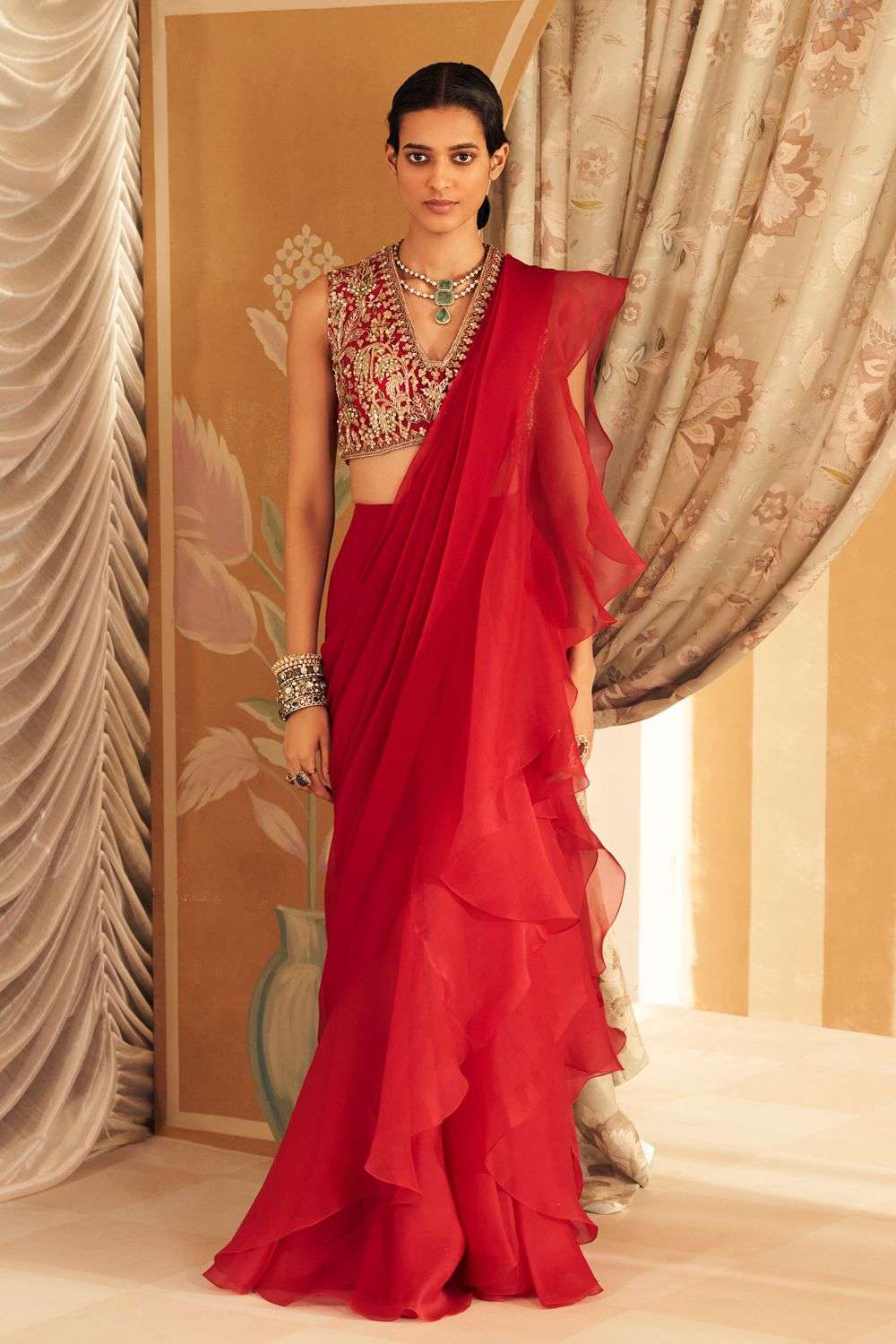 Buy Ridhi Mehra Soft Red Blouse: Net Sari: Chiffon/ Organza Net
