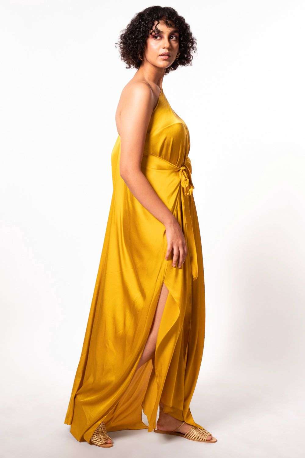 Mustard yellow satin one shoulder dress