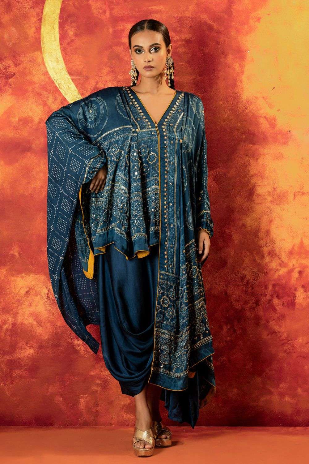 Blue Satin Ajrak Embroidered Kaftan Tunic Set