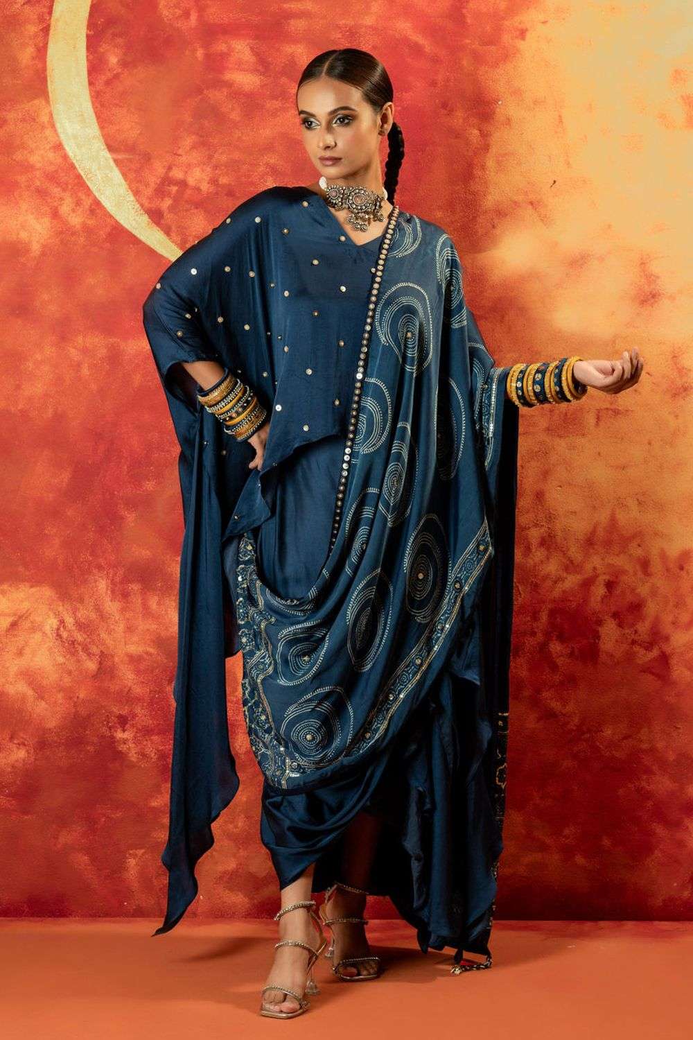 Blue Satin Handblock Ajrakh Embroidered Co-Ord Set