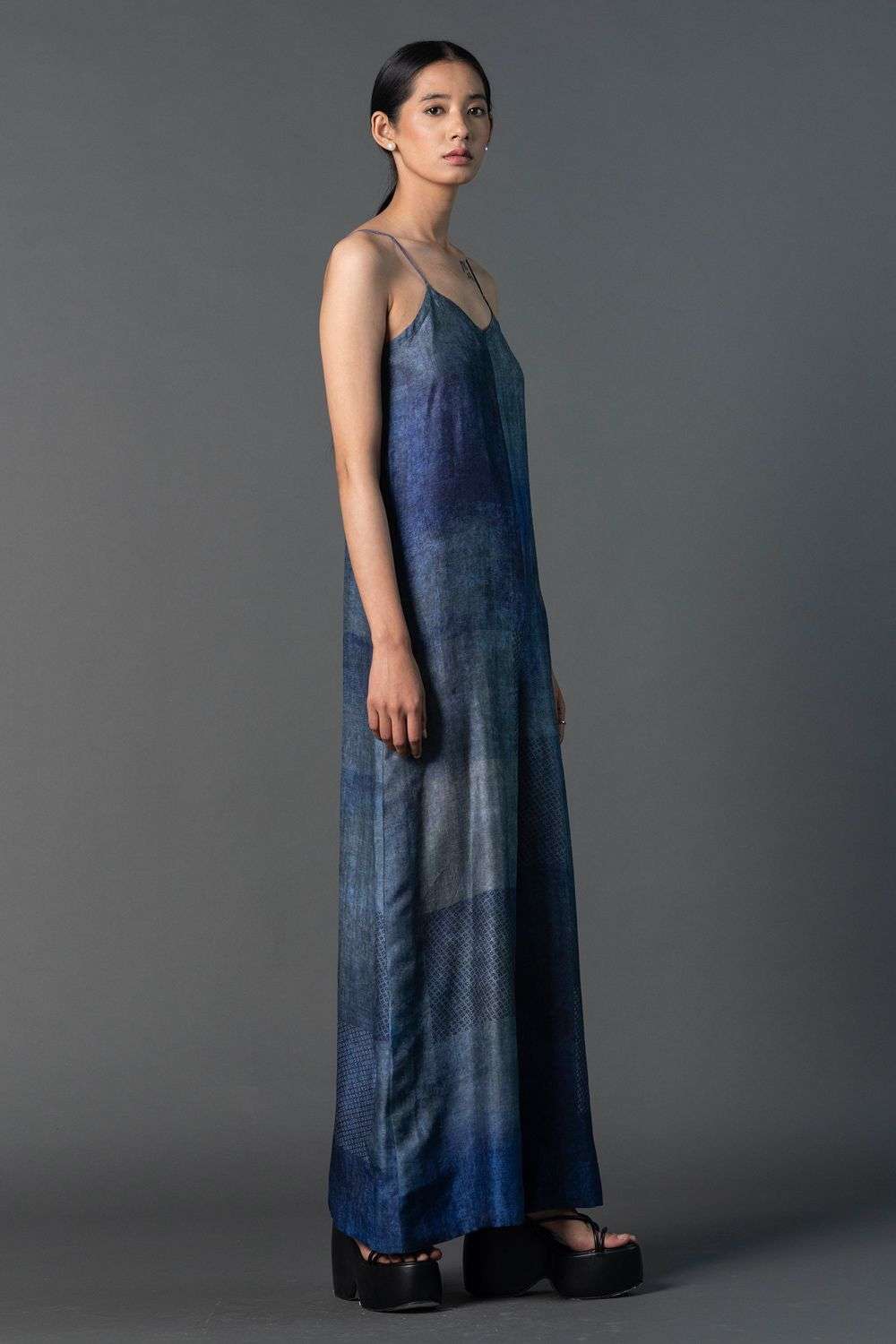 Blue dupion silk ombre print jumpsuit