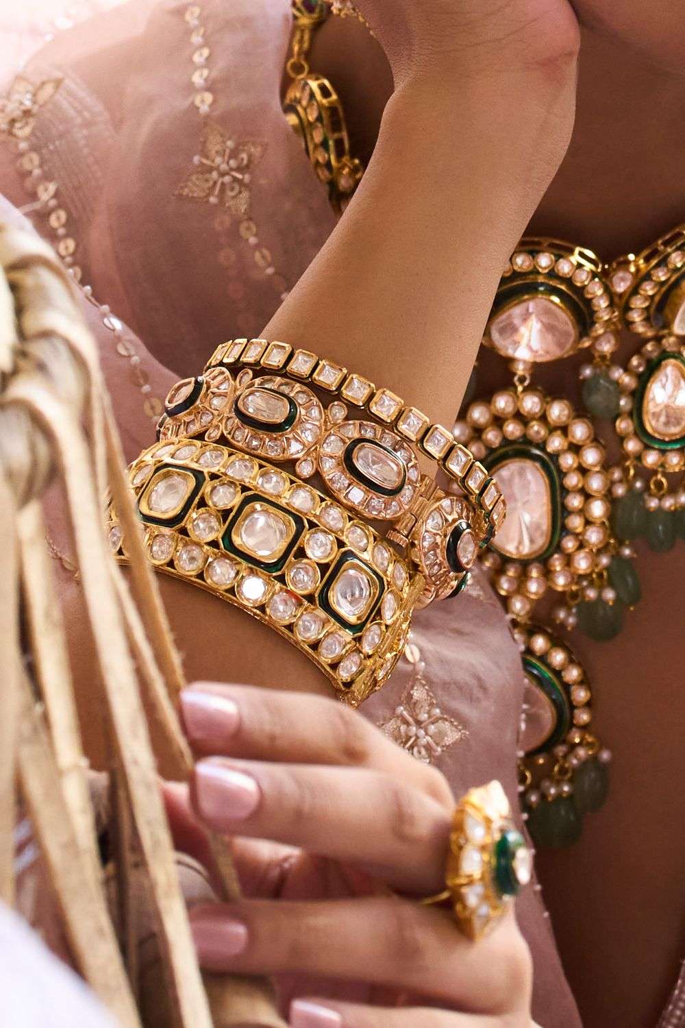 White Polki Bangles with Green Enamel Accents