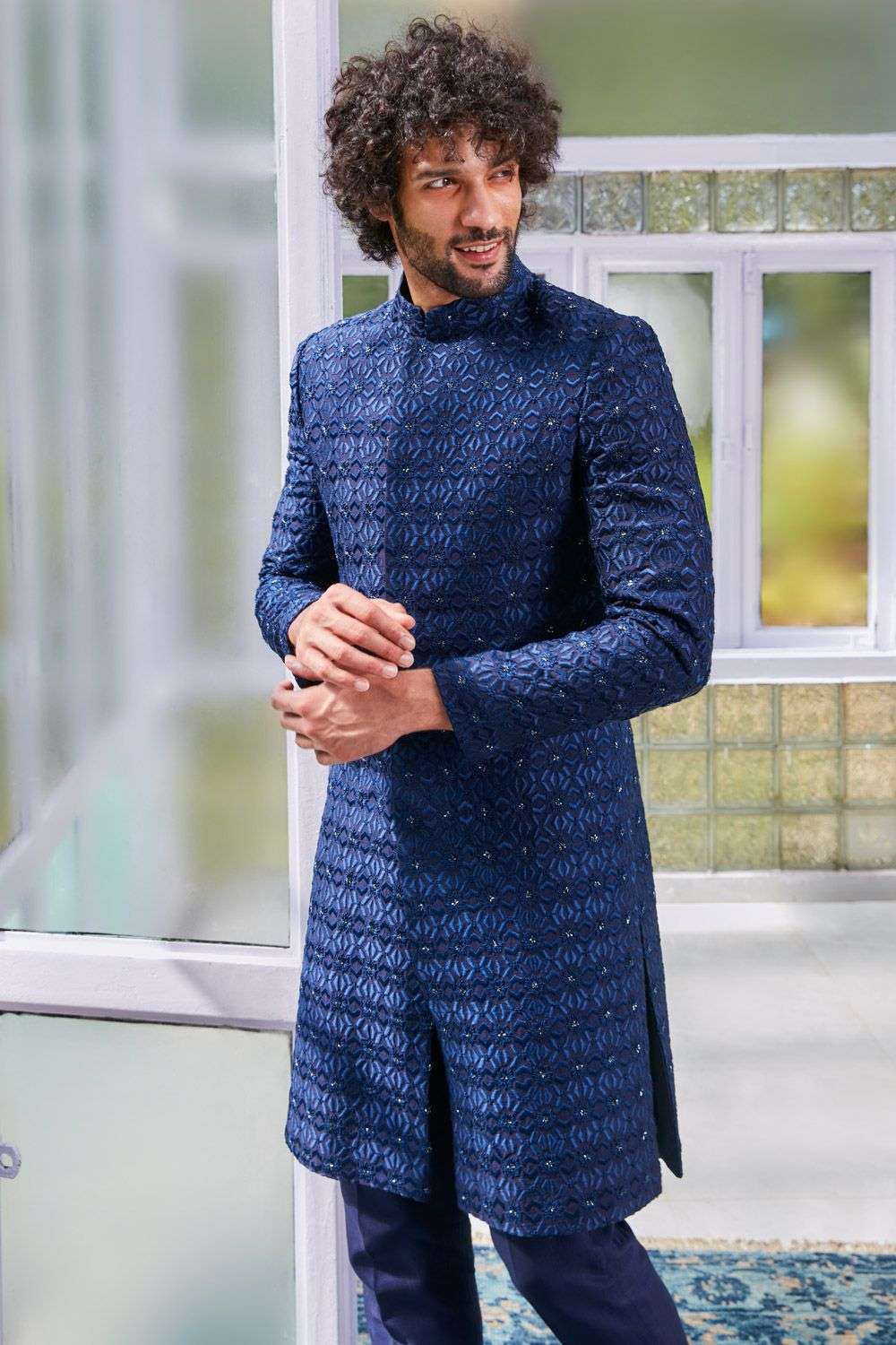 Blue embroidered sherwani - Main Image