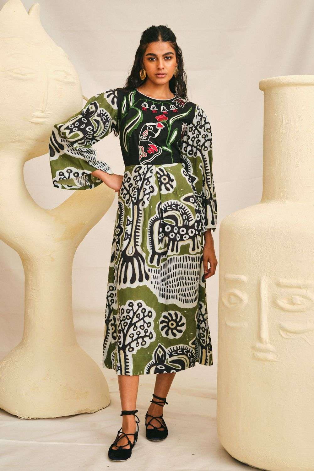 Buy JODI Soft Green Modal Embroidered, Graphic Print-Indian Folk