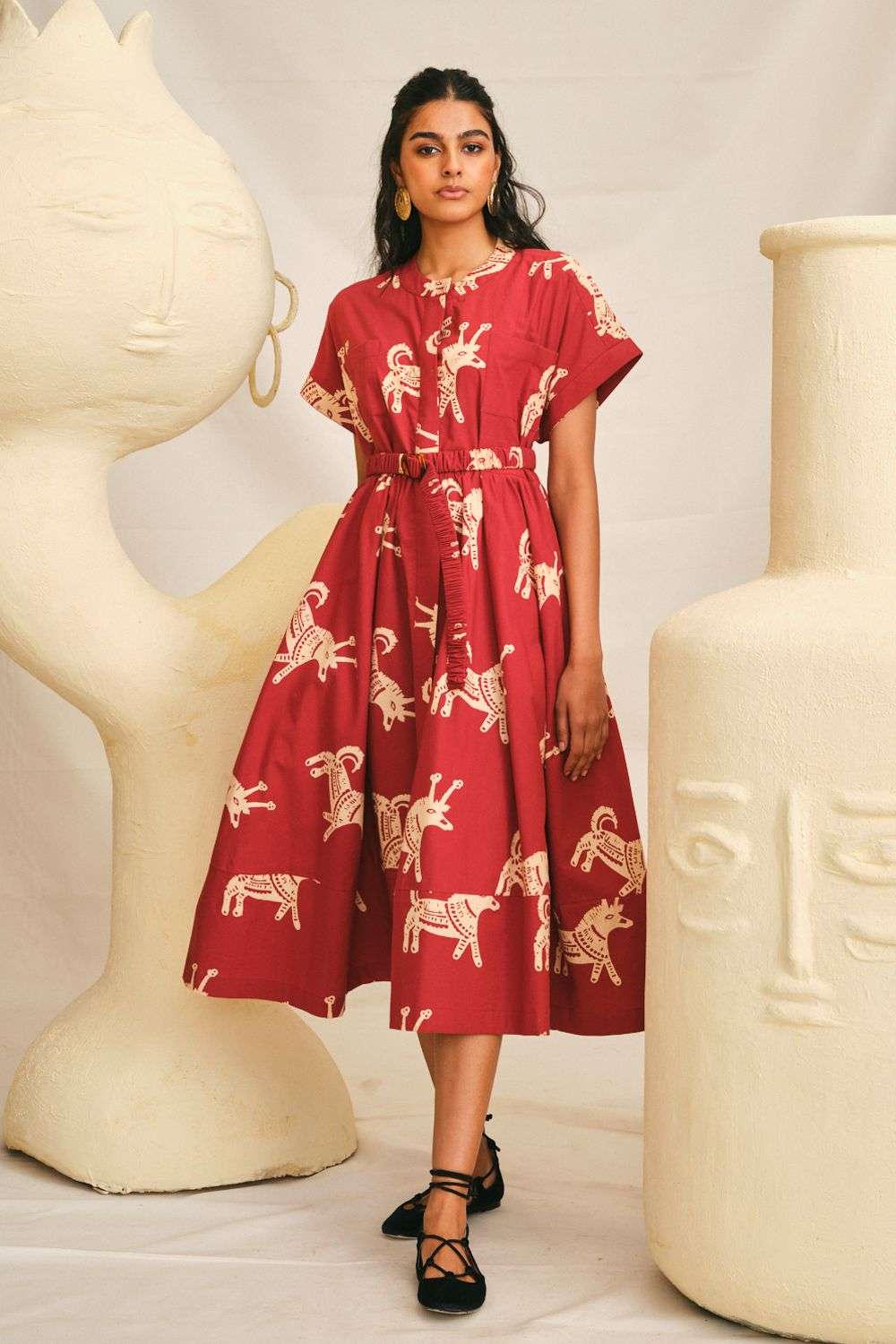 Buy JODI Soft Maroon Poplin Hand-Block Printed Designer Motif Dresses