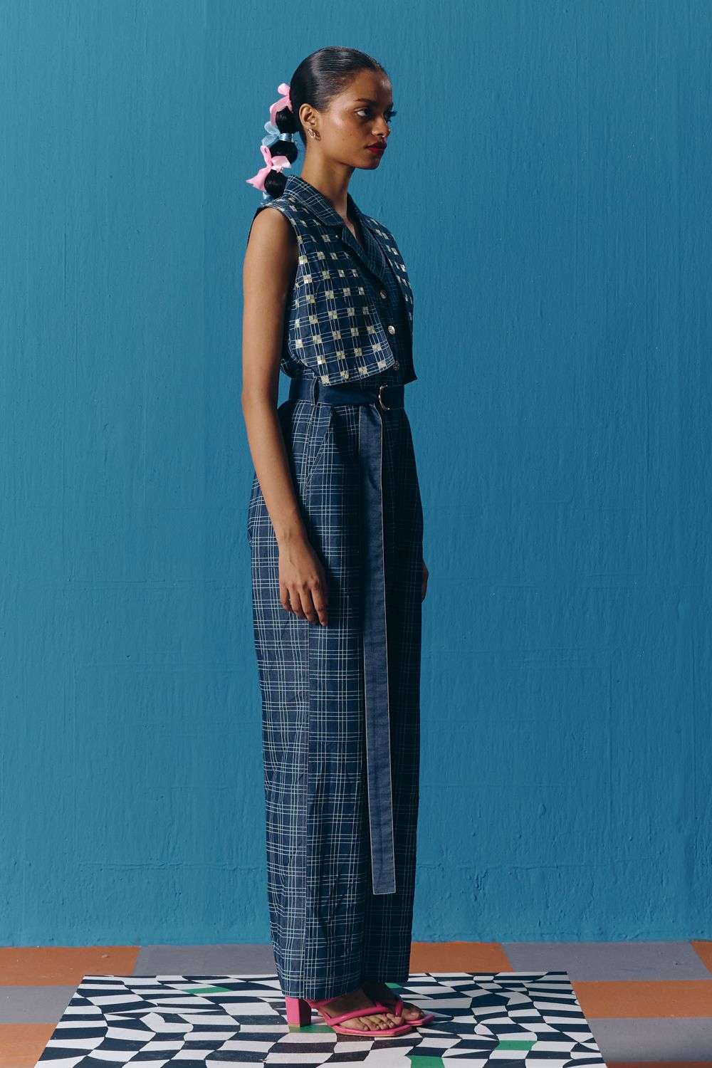 Buy Dark Blue Denim Check Jumpsuit -Designer Wear - Ensemble