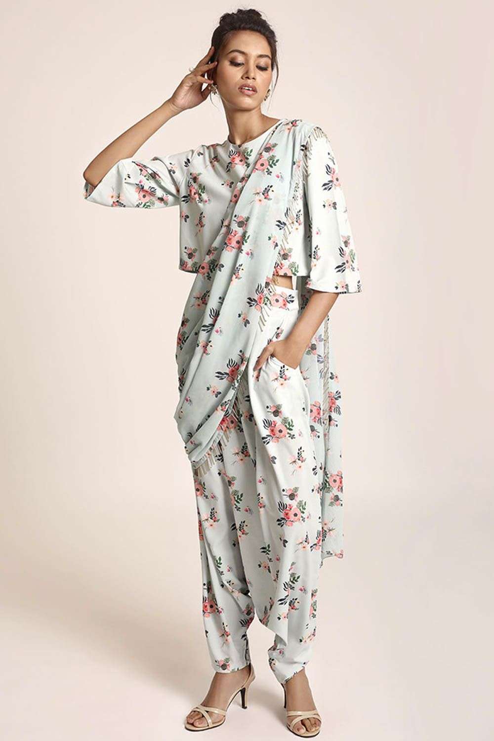 Blue printed co-ord set with an attached drape