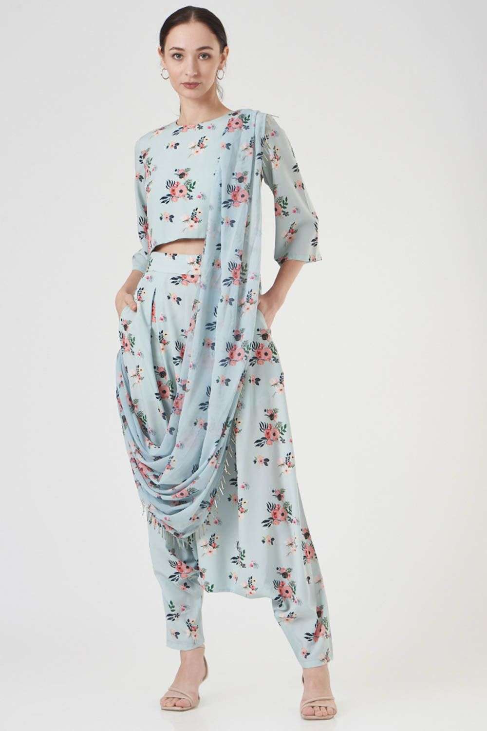 Pale blue print co-ord set with an attached drape