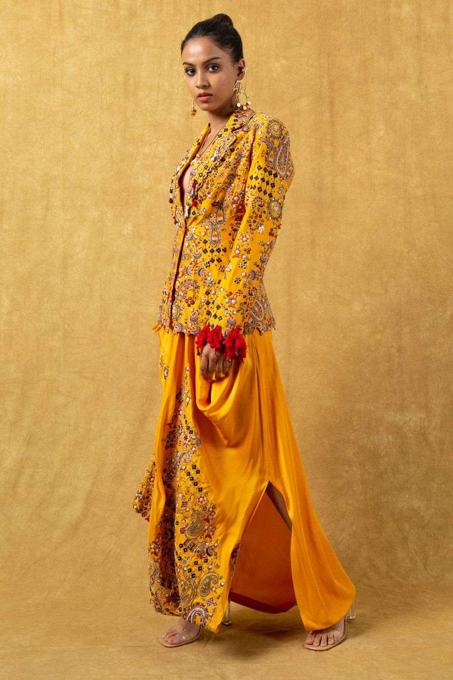 Buy Anamika Khanna Soft Yellow Silk Jacket Sets
