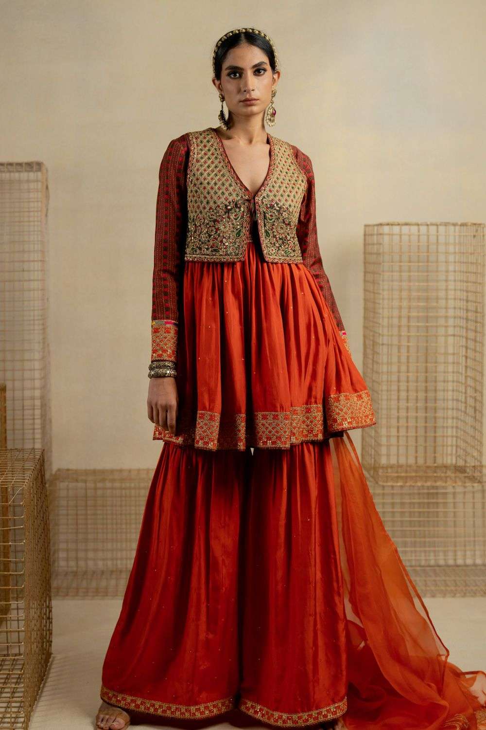 Orange Silk Gulbahar Anarkali Sharara Set