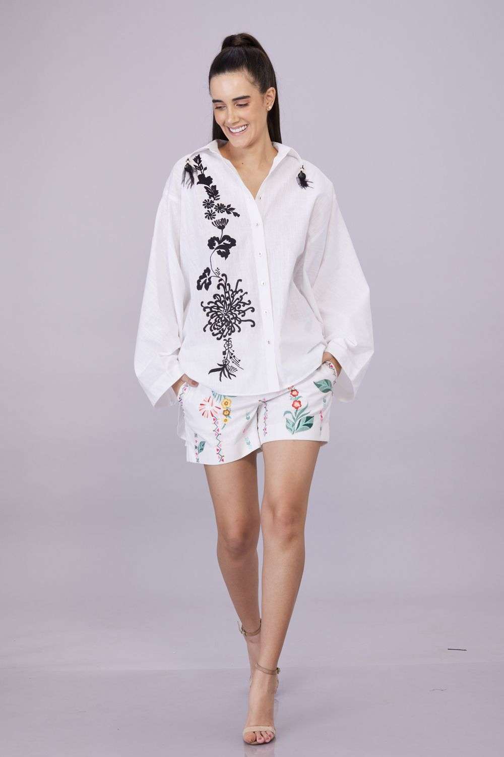 White Linen Parsi Gara Embroidery Batwing Shirt
