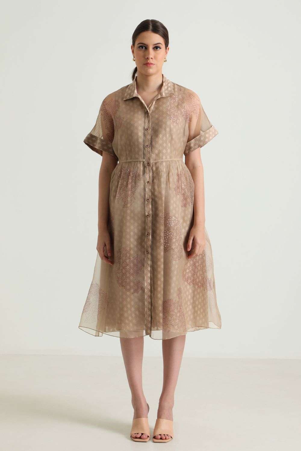 Beige Printed Organza Jacket With Brocade Dress