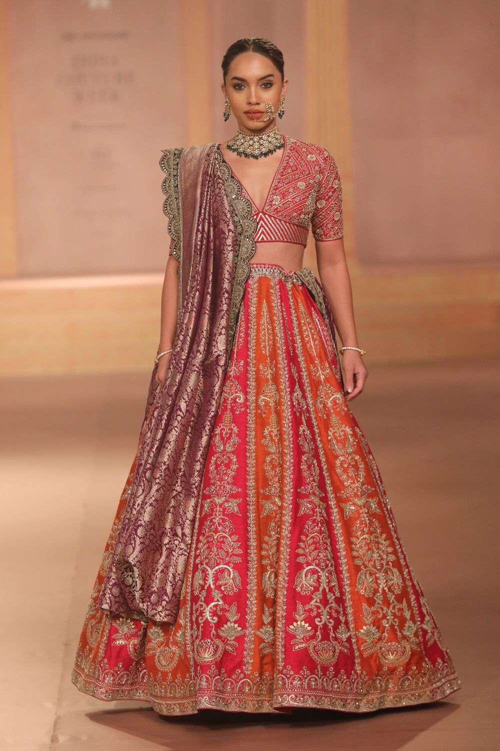 Rani Pink Rust Raw Silk Zardozi Lehenga Set