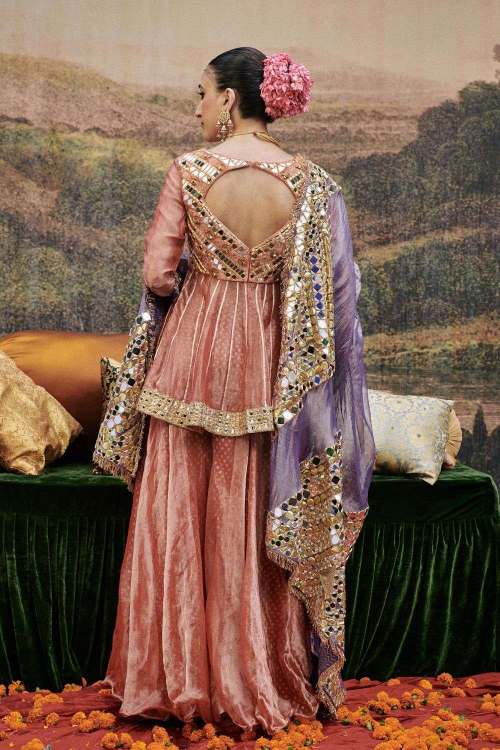Buy Itrh Soft Peach Blouse-Flat Tissue Lehenga-Flat Tissue