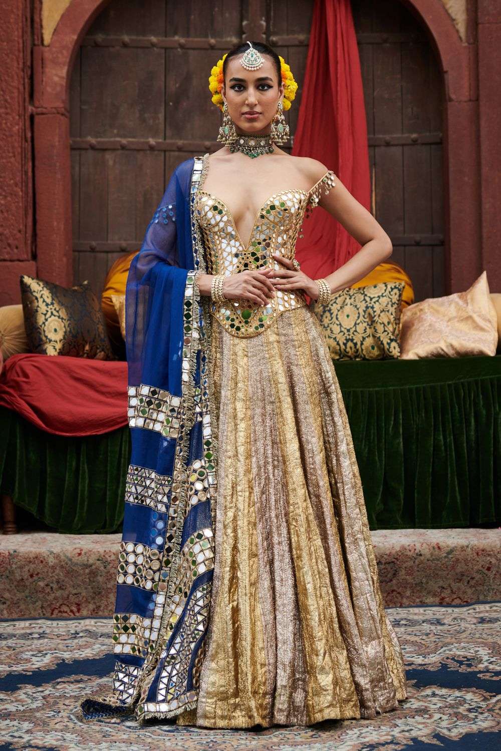 Silver Gold Embellished Mirror Lehenga Set