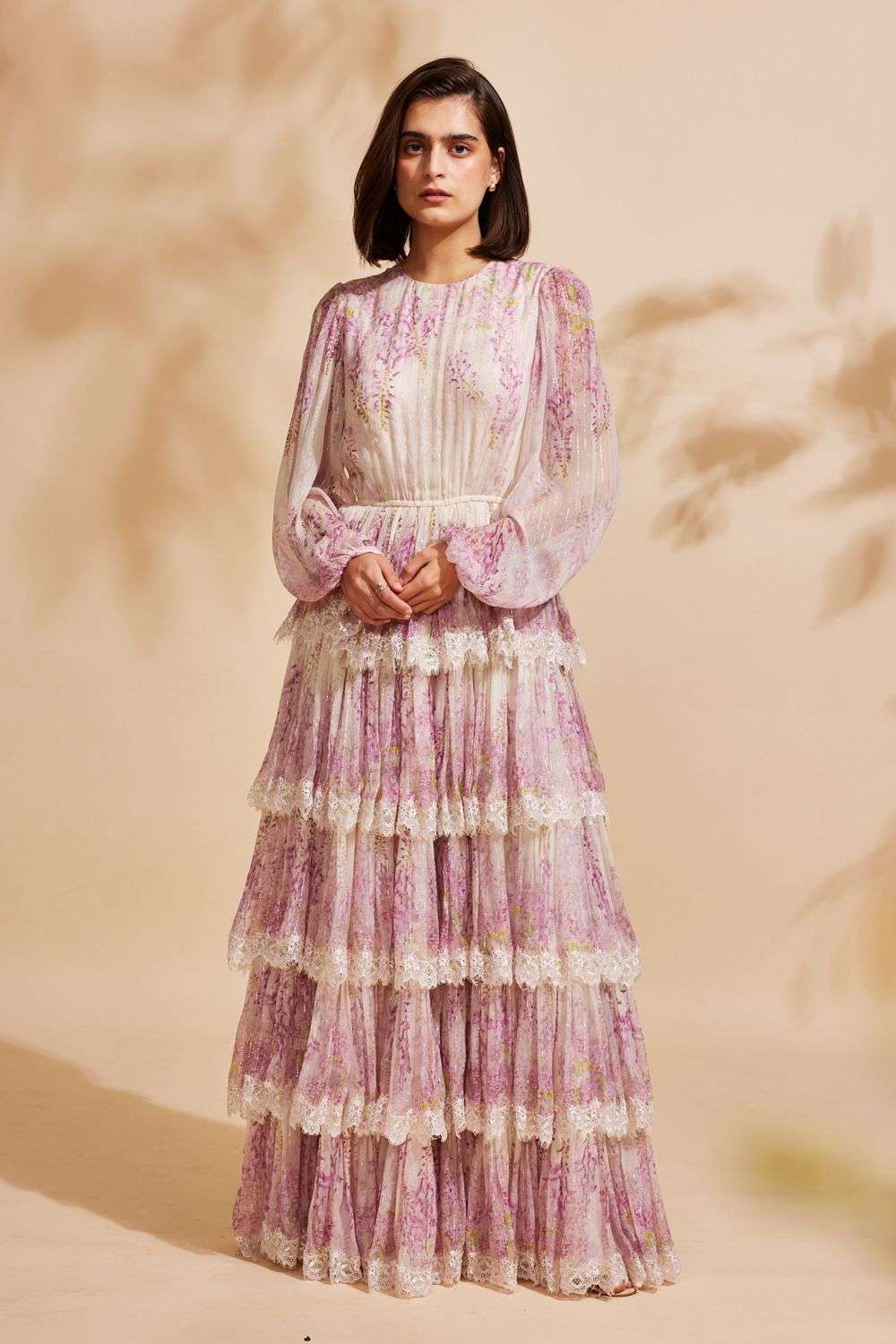 White Lilac French Chiffon Layered Long Dress - Main Image