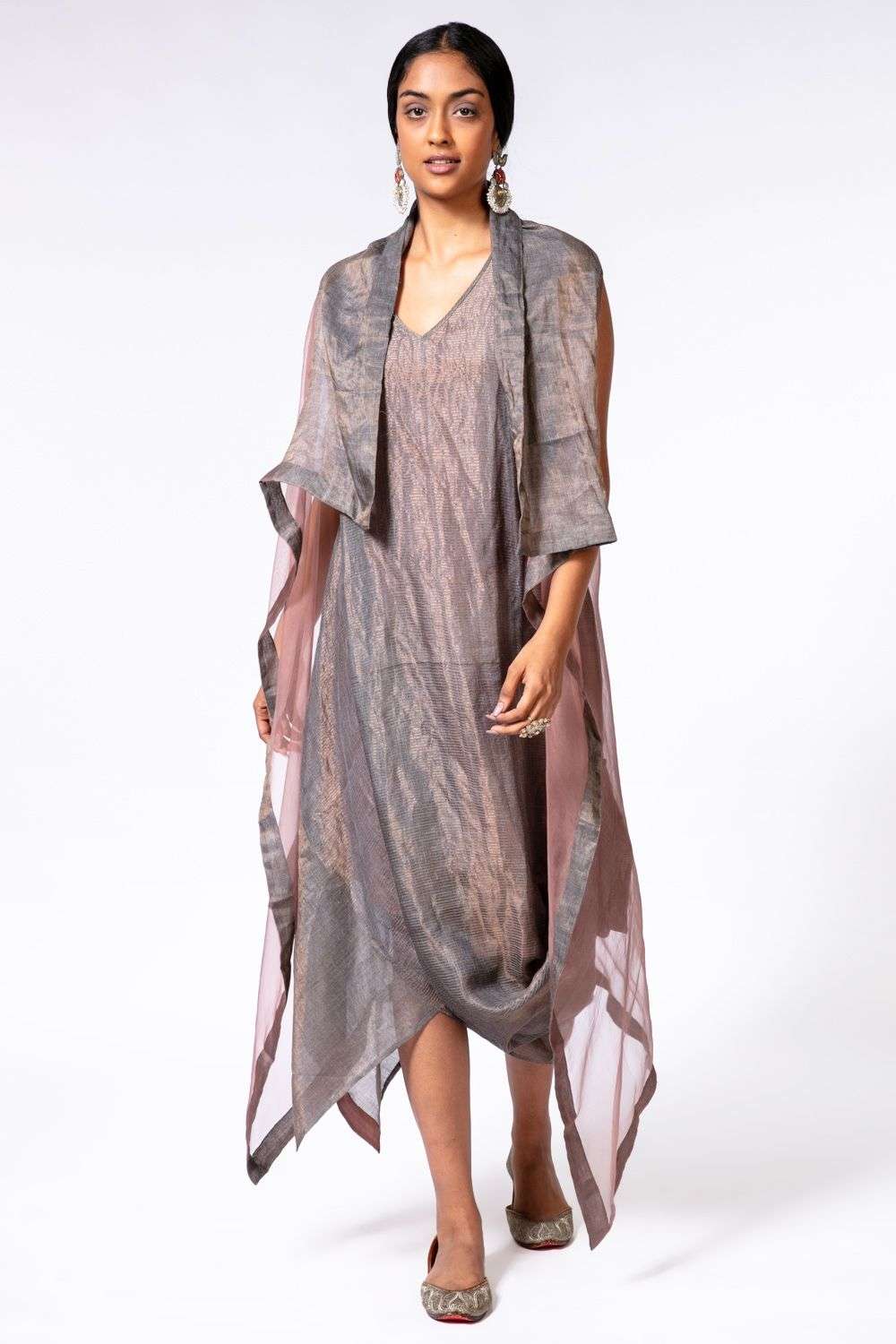 Buy Bodhi Tree Soft Grey Dress- silk tussar, zari, jacket- organza