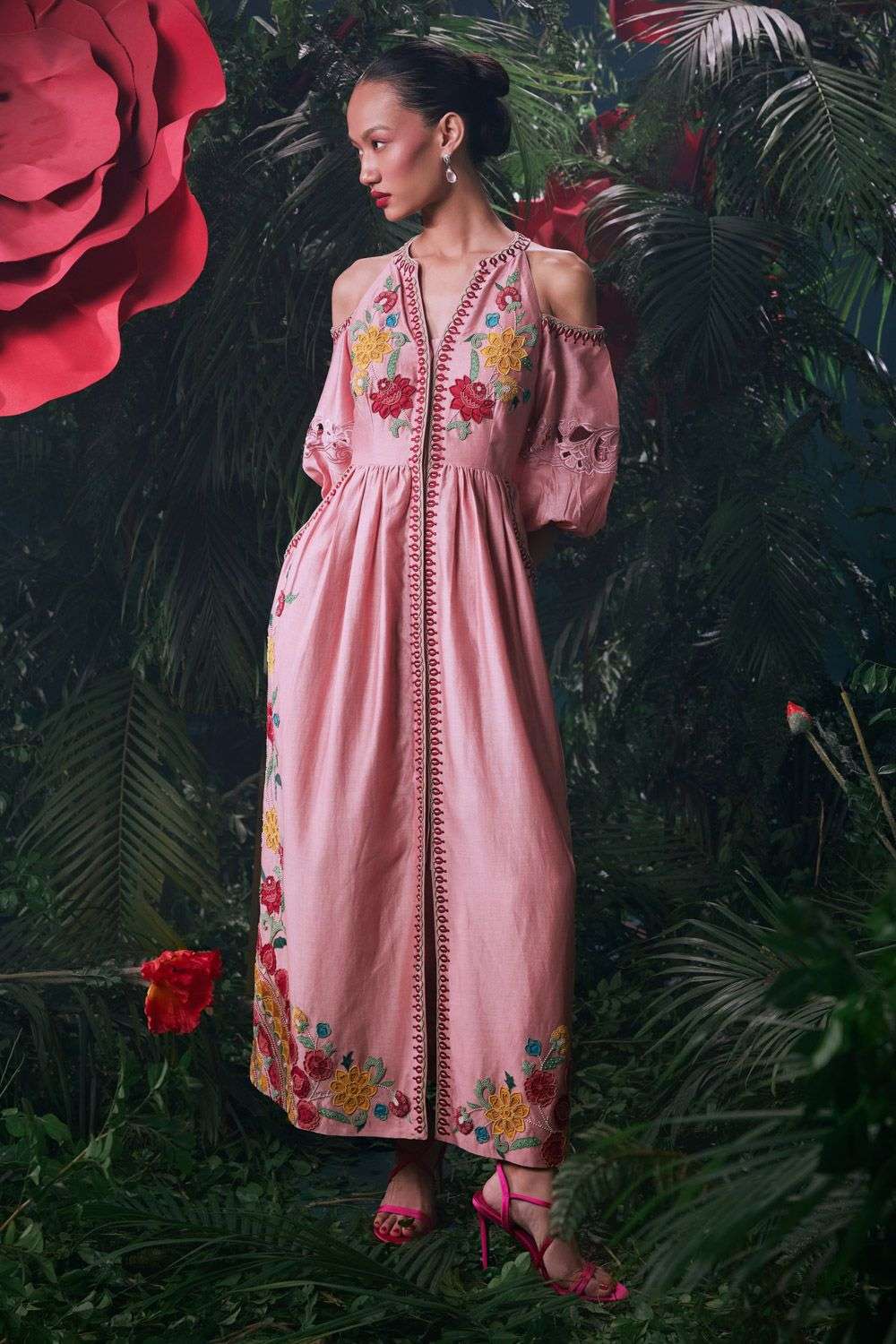 Salmon Pink Applique Cold Shoulder Midi Dress