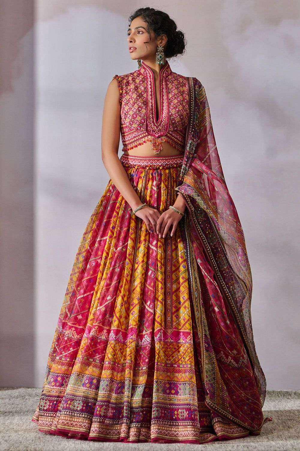 Fuchsia gold silk organza lehenga set