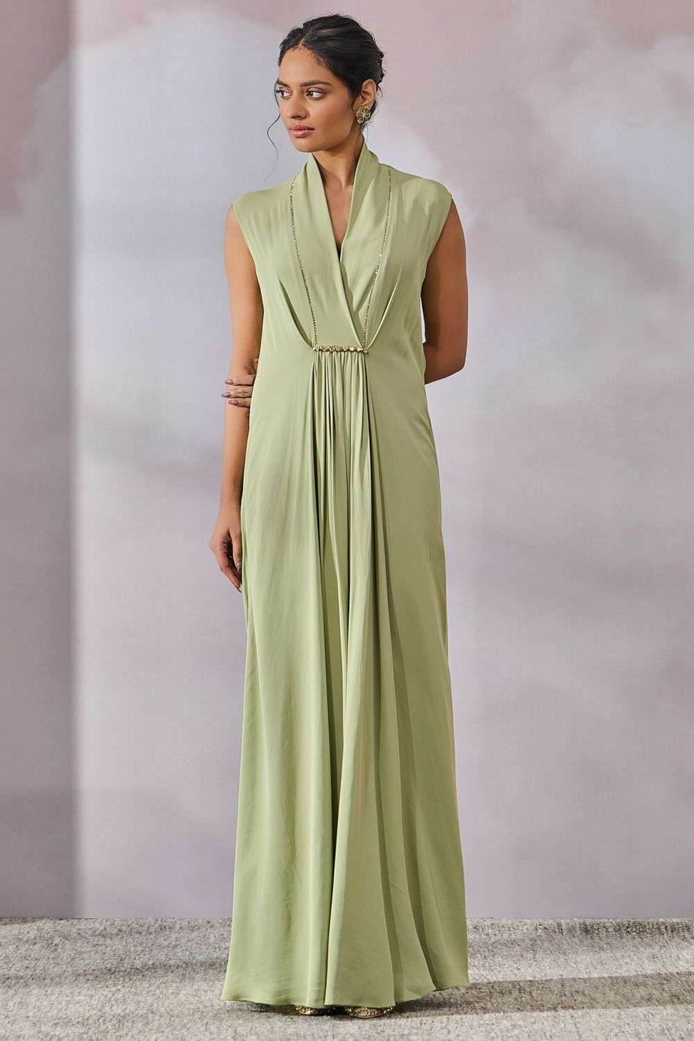 Green seige double viscose georgette dress