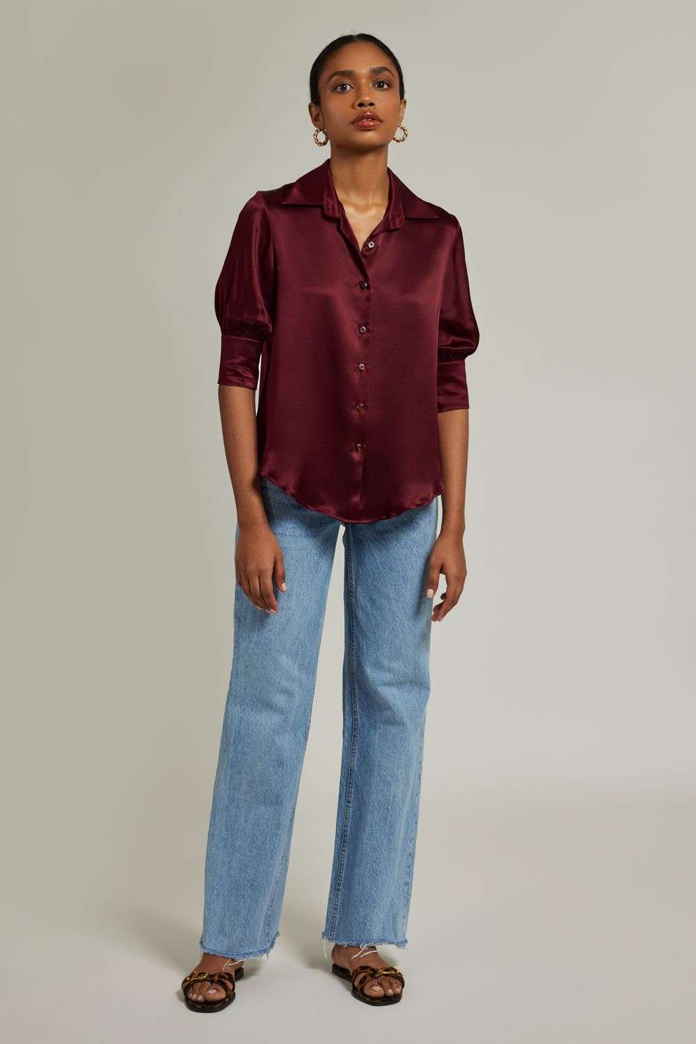 Burgundy Charmeuse Silk Short Sleeve Shirt