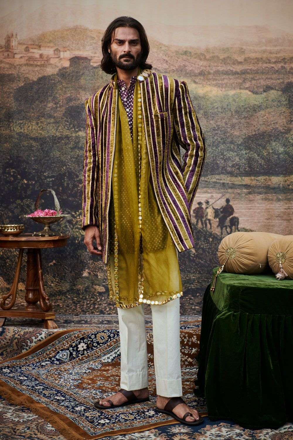 Olive Purple Varn-Harit Makhmal Sherwani Set