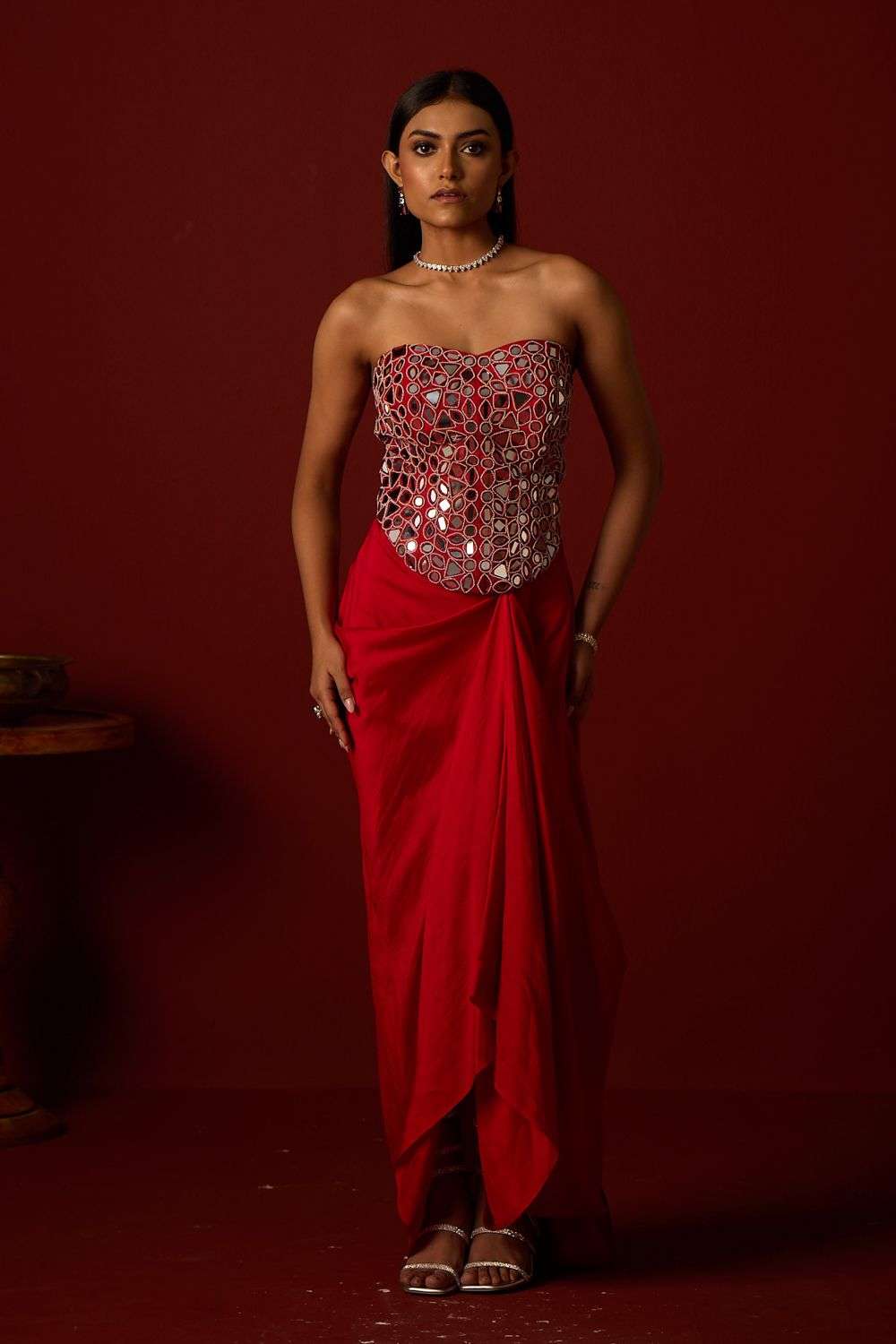 Buy Twenty Nine Soft Red Twill Mirror Work, Beadwork Tops