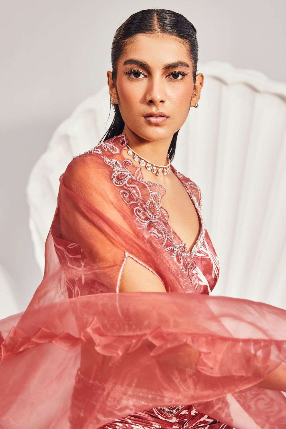 Buy Divya Aggarwal Soft Red Blouse- Printed Satin Skirt- Printed Satin Cape- Weightless Organza Capes & Buy Divya Aggarwal Soft Red Blouse- Printed Satin Skirt- Printed Satin Cape- Weightless Organza Capes &